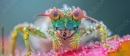 A brightly colored insect is seen up close, perched on a vibrant flower petal. The insects intricate details and the flowers delicate textures are highlighted in this macro shot. © TheWaterMeloonProjec