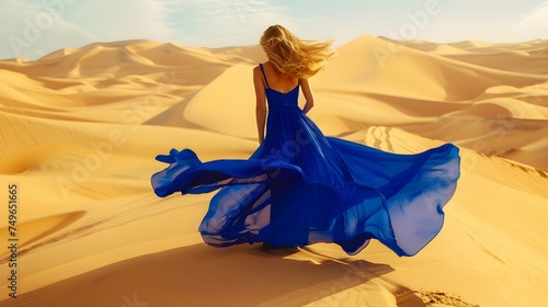 sensual woman wearing a luxurious blue dress in a warm yellow sand desert