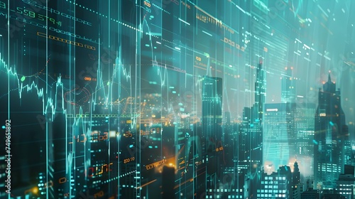 Stock market crash shown through overlapping digital indicators, declining graphs, and a modern city backdrop. Illustrates the concept of market crash in double exposure