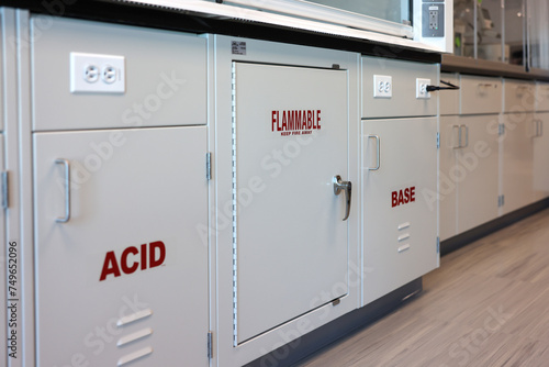 chemical storage cabinet for acid, base and flammables in a chemistry laboratory