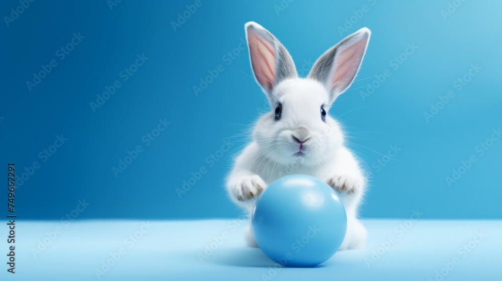 small white rabbit with blue ball pet pictures, in the style of pastel colors, toyen, nikon af600, light crimson and sky-blue, eastern brushwork, kurzgesagt, hatching