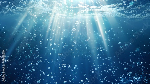 Underwater background with water bubbles and undersea light rays shine photo