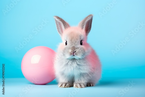 small white rabbit with blue ball pet pictures, in the style of pastel colors, toyen, nikon af600, light crimson and sky-blue, eastern brushwork, kurzgesagt, hatching photo