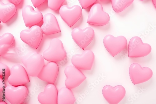 Delicate pink balloons in the shape of hearts floating on a pristine white backdrop.