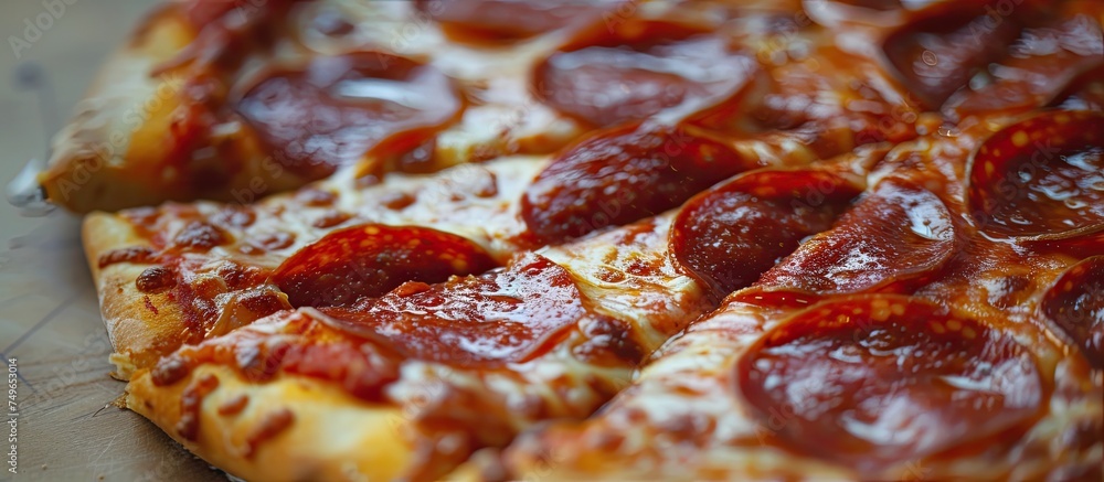 A close up view of a delicious pepperoni pizza sitting on a table, showcasing the mouthwatering slices of pepperoni and melted cheese. A close up view of a delicious pepperoni pizza sitting on a table, showcasing the mouthwatering slices of pepperoni and melted cheese.