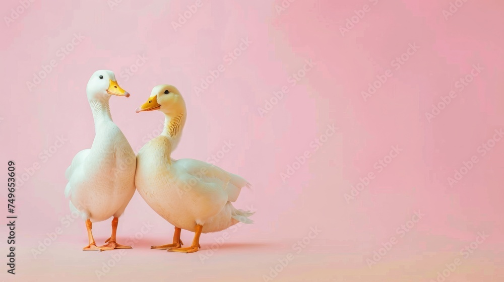 two ducks on  pink background