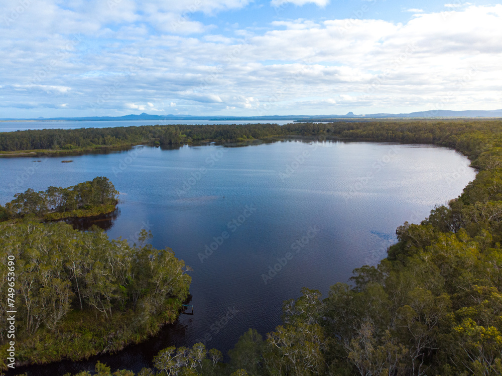 aerial panorama of unique ecosystem of noosa everglades - beautiful curvy noosa river and lush, green wetlands in south east queensland, australia, near sunshine coast and noosa heads