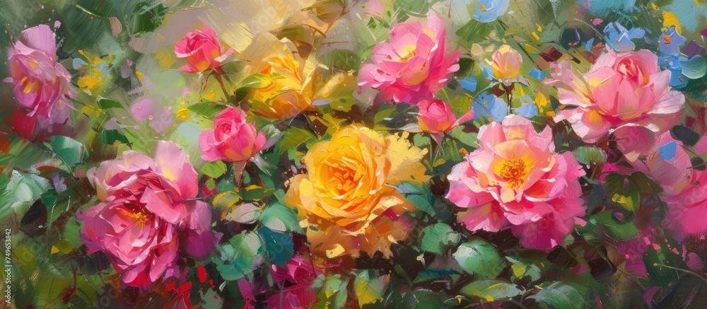 A painting depicting vibrant pink and yellow roses in a garden setting, showcasing the bright colors of the flowers. A painting depicting vibrant pink and yellow roses in a garden setting, showcasing the bright colors of the flowers.