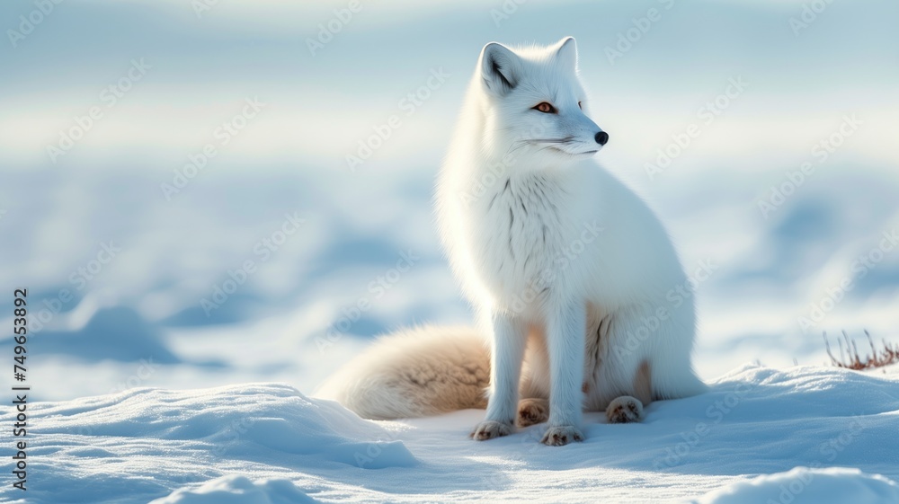 A serene arctic fox sitting gracefully in a snowy landscape, looking aside A serene arctic fox sitting gracefully in a snowy landscape, looking aside