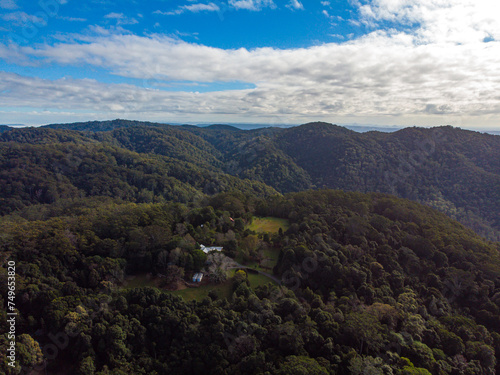 aerial panorama of d'aguilar national park near brisbane in queensland, australia; aerial view of rainforest in the mountains