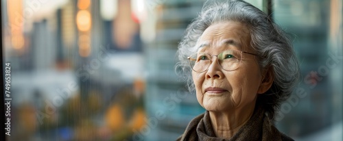 Senior Asian American woman with wisdom in her eyes, standing before a cityscape at dusk, exuding elegance and grace.