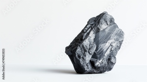 A stark coal crystal formation, its complex geometry emphasized by the stark white background