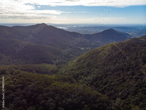 aerial panorama of d'aguilar national park near brisbane in queensland, australia; aerial view of rainforest in the mountains