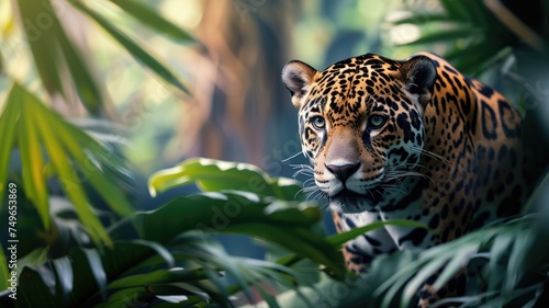 A majestic jaguar camouflaged in the lush jungle  gazing intently