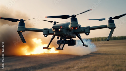 A military drone flies in the sky over a field with fire and smoke on the ground