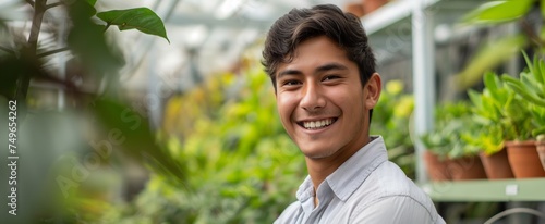 Joyful young Latin man smiling in a lush greenhouse, embodying enthusiasm and vitality.