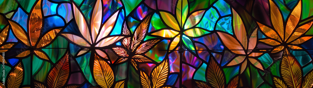 Glowing Greens: A Realistic Cannabis Stained Glass Window in Neon Color Glowing Greens: A Realistic Cannabis Stained Glass Window in Neon Color