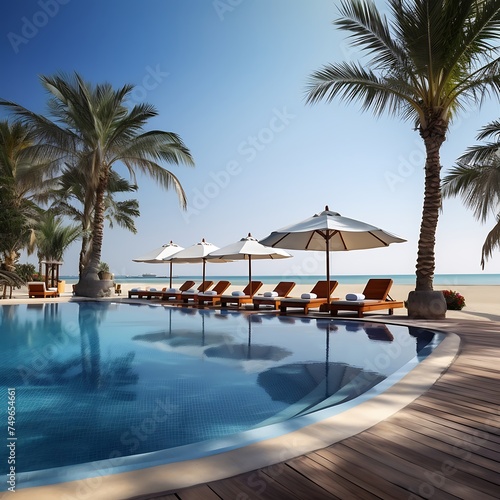 Beautiful swimming pool with umbrella and chair in luxury hotel resort © MahmudulHassan