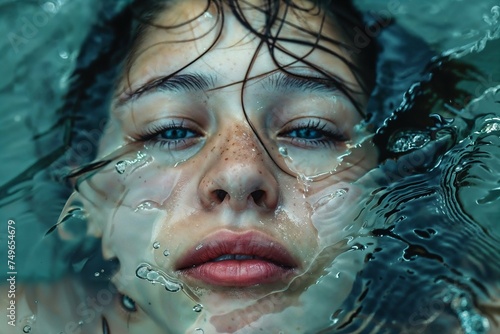 Portrait of a young woman in water, woman underwater, girl underwater, authentic, woman in swimming pool © Thomas Parker