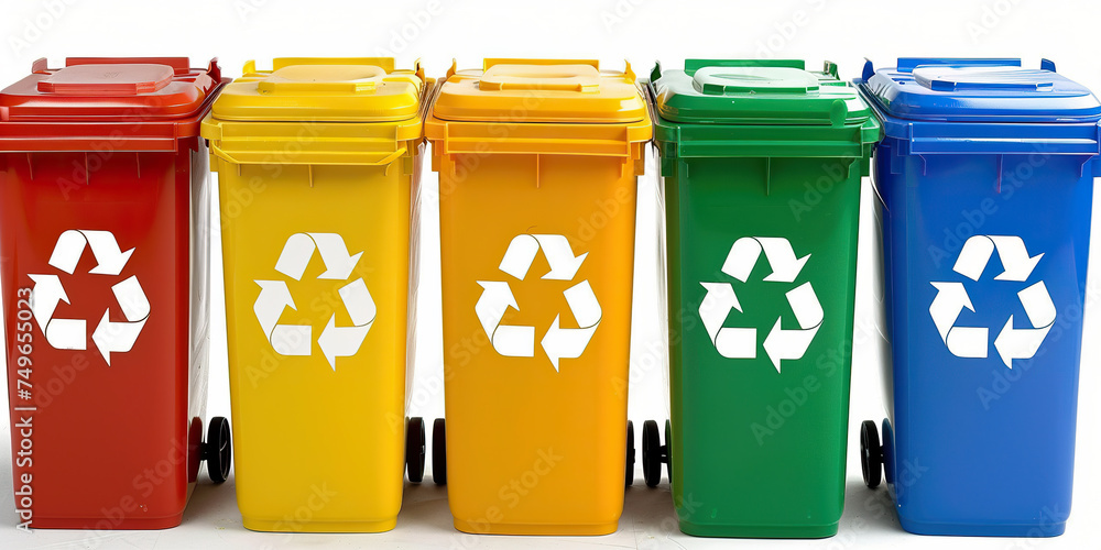 Multiple bright and colorful trash cans lined up holding recyclable items like plastic bottles and paper. Multiple bright and colorful trash cans lined up holding recyclable items like plastic bottles and paper.
