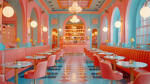 Fototapeta Naklejka Na Ścianę i Meble -  Retro Diner Interior with Pink and Blue Pastel Colors