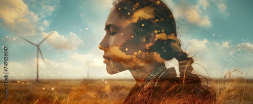 Young man with an evocative double exposure portrait, merging with a wind farm on a sunny field.