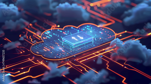 Technology background and cloud computing platform concept. The AI chipset on the cloud network, with upload and download icons, refers to cloud data transfer and online data storage. photo