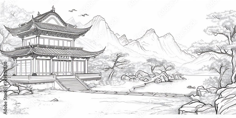 Coloring pages of scenic Asian traditional house with trees mountain