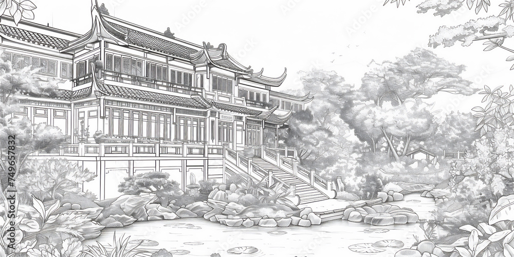 Coloring pages of beautiful Asian traditional house with trees