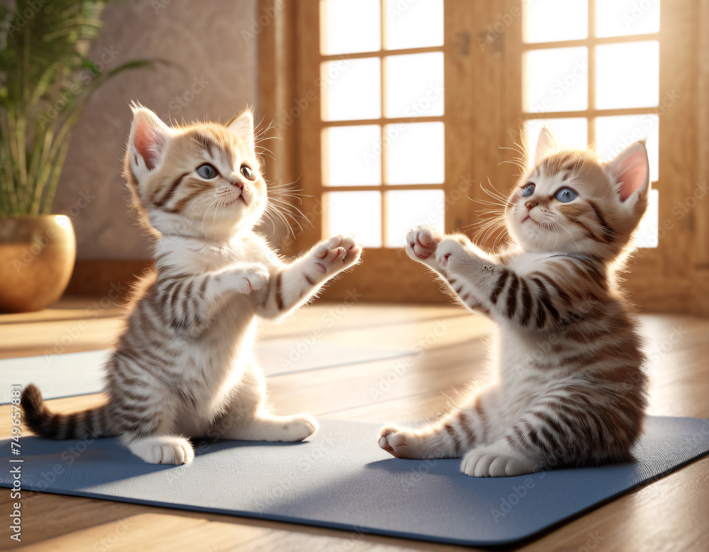 Cute cats doing yoga. Generated by AI.