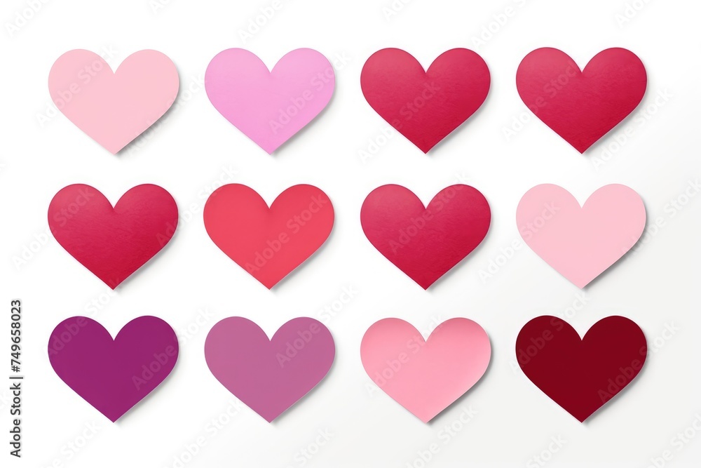 Collection of paper hearts in various shades of red and pink.