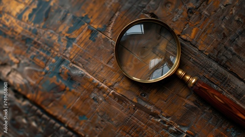 Magnifying glass focusing on wooden table surface, symbolizing search