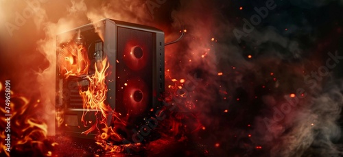 A high quality wide image of a burning gaming PC, fire flames with smoke