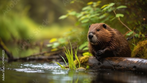 Beaver sitting by a stream, amidst vibrant greenery © Татьяна Макарова