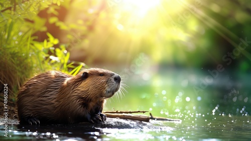 A beaver enjoying the sunlight on a tranquil riverbank