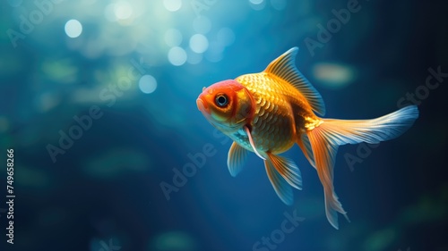 A vibrant goldfish glides through the clear blue water with elegance