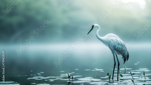 Elegant crane wading through misty waters at dawn