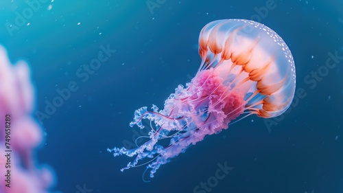 Ethereal jellyfish drifting gracefully in deep blue ocean water, glowing with a pink hue