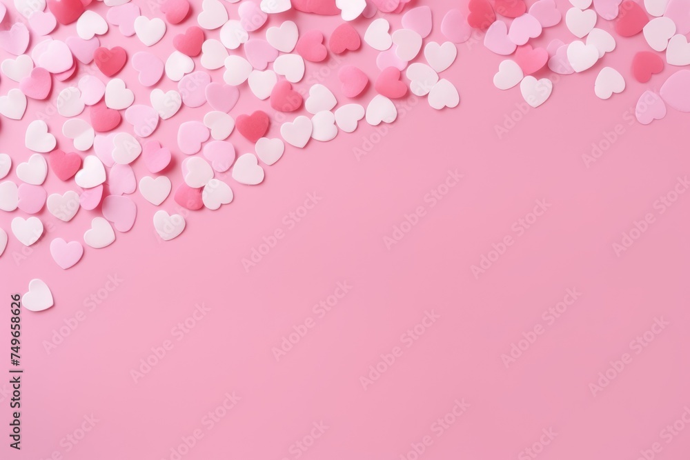 Abstract pink background filled with small heart-shaped confetti, space for text on top.
