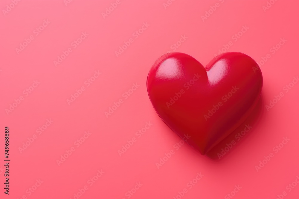 A shiny red heart prominently displayed on a uniform pink background.