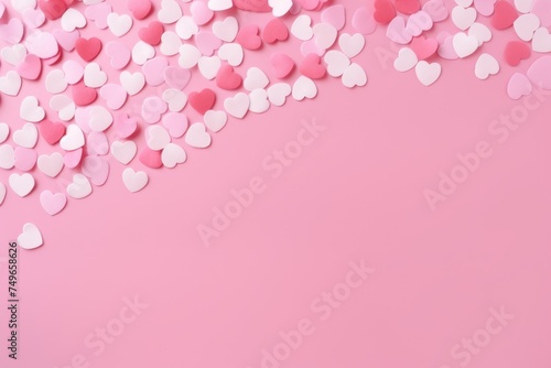 Abstract pink background filled with small heart-shaped confetti, space for text on top. © Anatolii