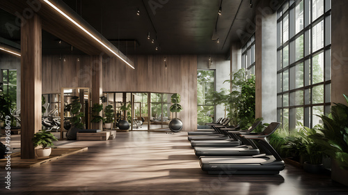 A gym interior that focuses on eco-friendly workouts  using human-powered equipment and sustainable materials.