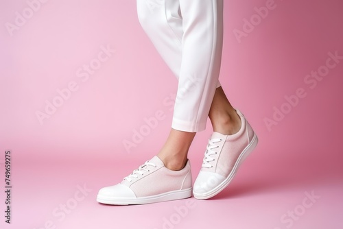 Cropped shot of a woman's feet in light pink casual sneakers, contrasting with a vibrant pink backdrop. Casual White Sneakers on Pastel Pink