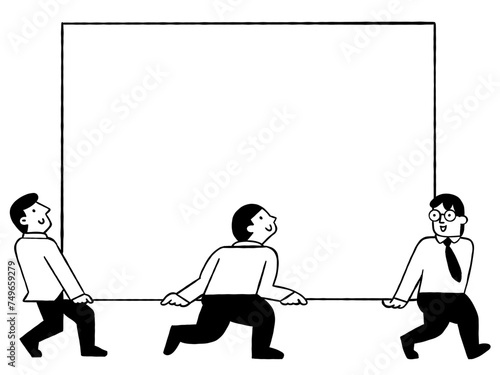 Cute character business people holding and carrying big blank board sign. Outline, linear, thin line art, hand drawn sketch design. 