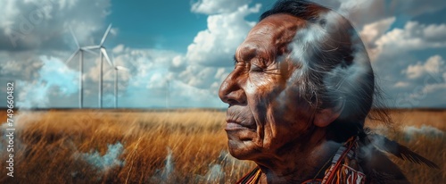 Native American elder with painted face, double exposure with wind turbines on a field, symbolizing a blend of tradition and modernity.