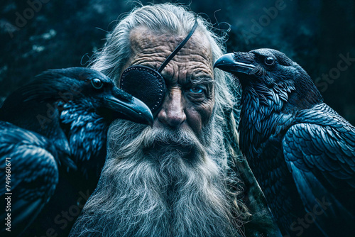 Norse god Odin with his two ravens Huginn and Muninn, mythology
