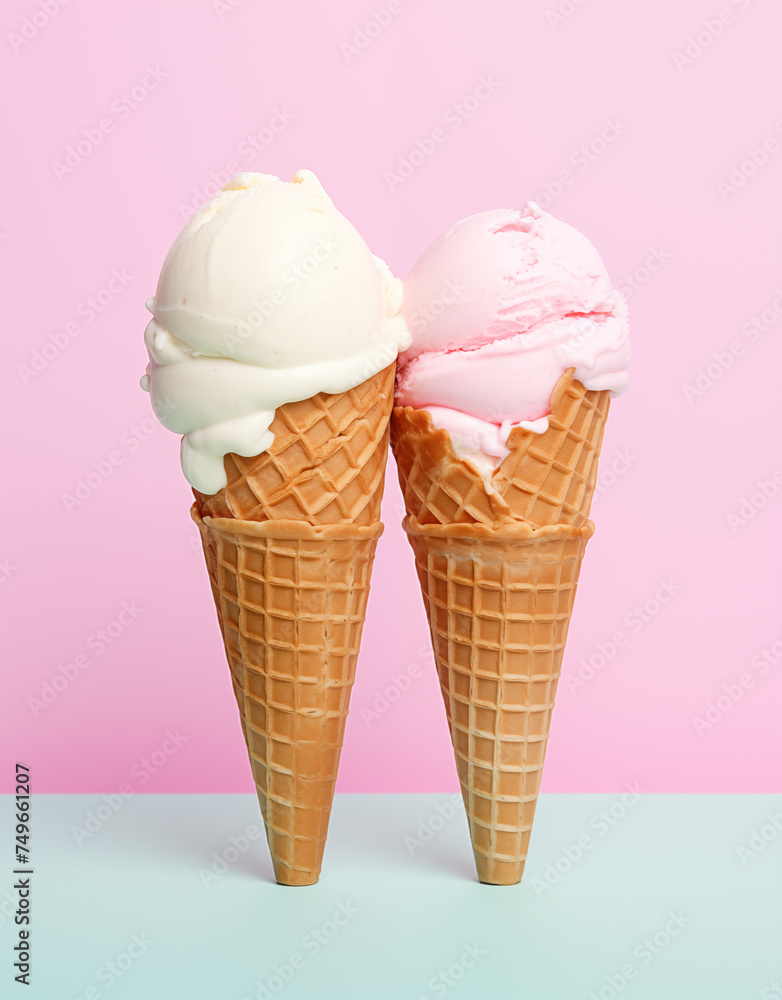 Vanilla and Strawberry Soft Serve Ice Cream Cones on Pink Background. Food deconstructed food styling concept.