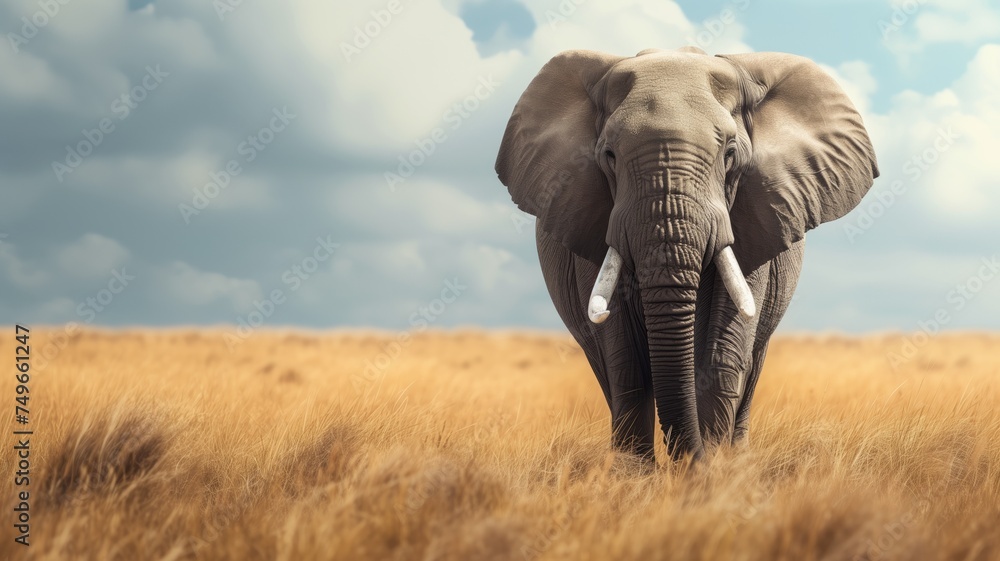 Fototapeta premium A solitary African elephant stands proudly in the golden savanna grasses