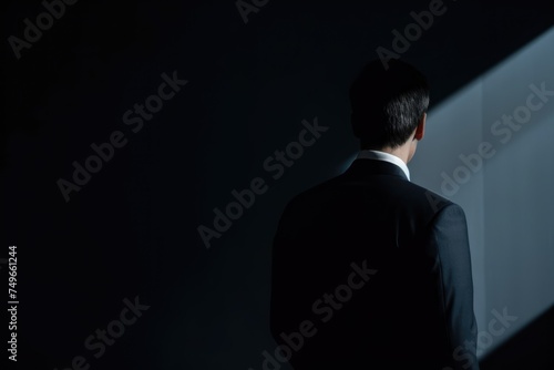 Contemplative Businessman in Shadows. Silhouette of a businessman looking away, immersed in shadow and light.