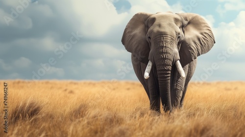 A solitary African elephant stands proudly in the golden savanna grasses